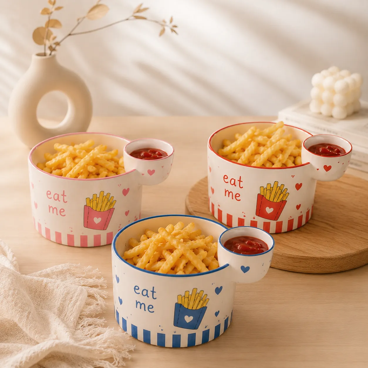 Cute Ceramic Fries Bowl With Sauce Compartment
