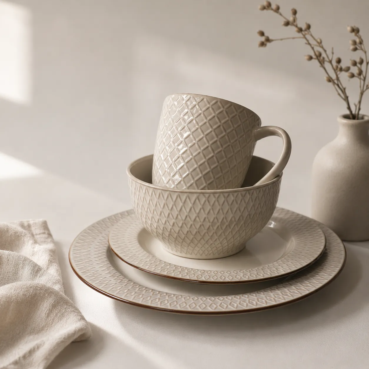 Nordic Embossed Ceramic Dinnerware Set – Minimalist Diamond Texture Tableware Collection